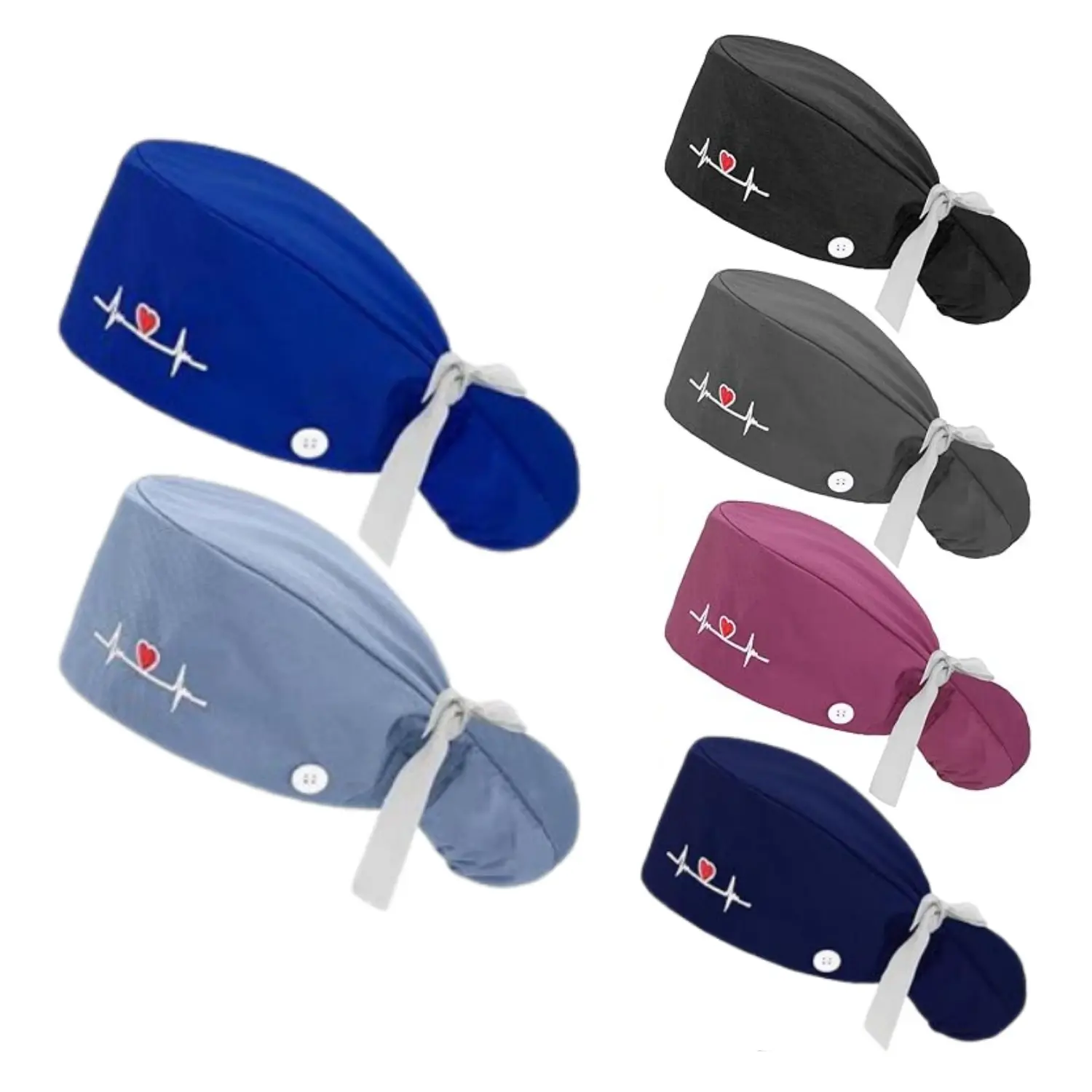 6 Pcs Female Cotton Breathable Scrub Caps with Buttons, Adjustable Bouffant Surgical Hats with Ponytail Holder & Tie, Sweatband Available Daily Hair Bonnet for Home Improvement Use