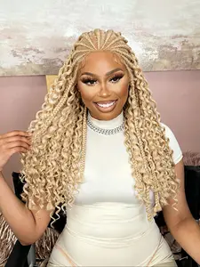 High-Quality HD Full Lace Boho Wig, Hand-Woven Corn Braids with Wave Design, Unique Top Knot Style, Fashionable Eu-Us Color 613, Synthetic Curly Wigs, Braided Lace Wigs