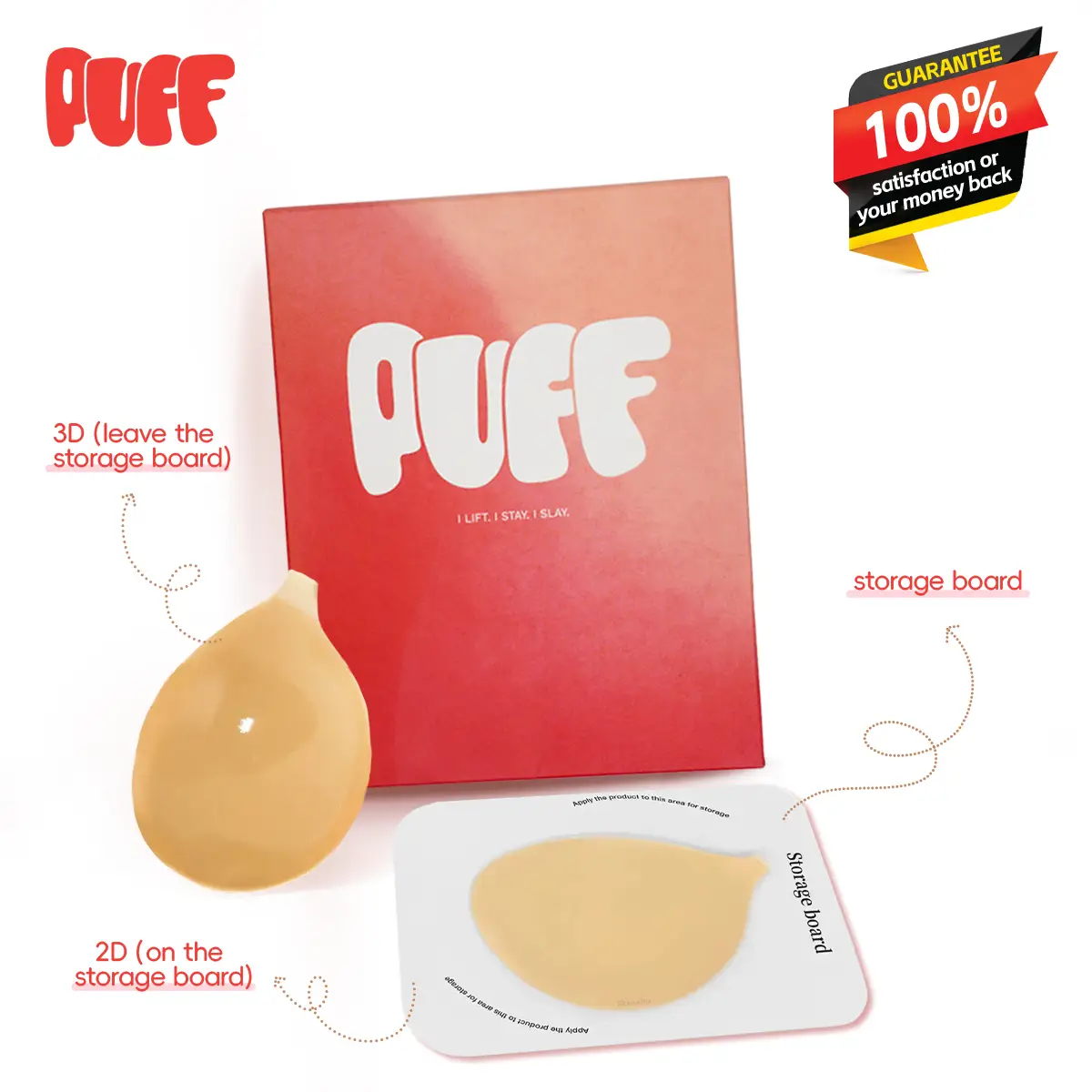 Puff #1 Push-up Sticky Bra – Waterproof & Sweat-proof, Portable, Reusable, Washable, Essential for Travel Women's Wear with Storage Board & Replaceab