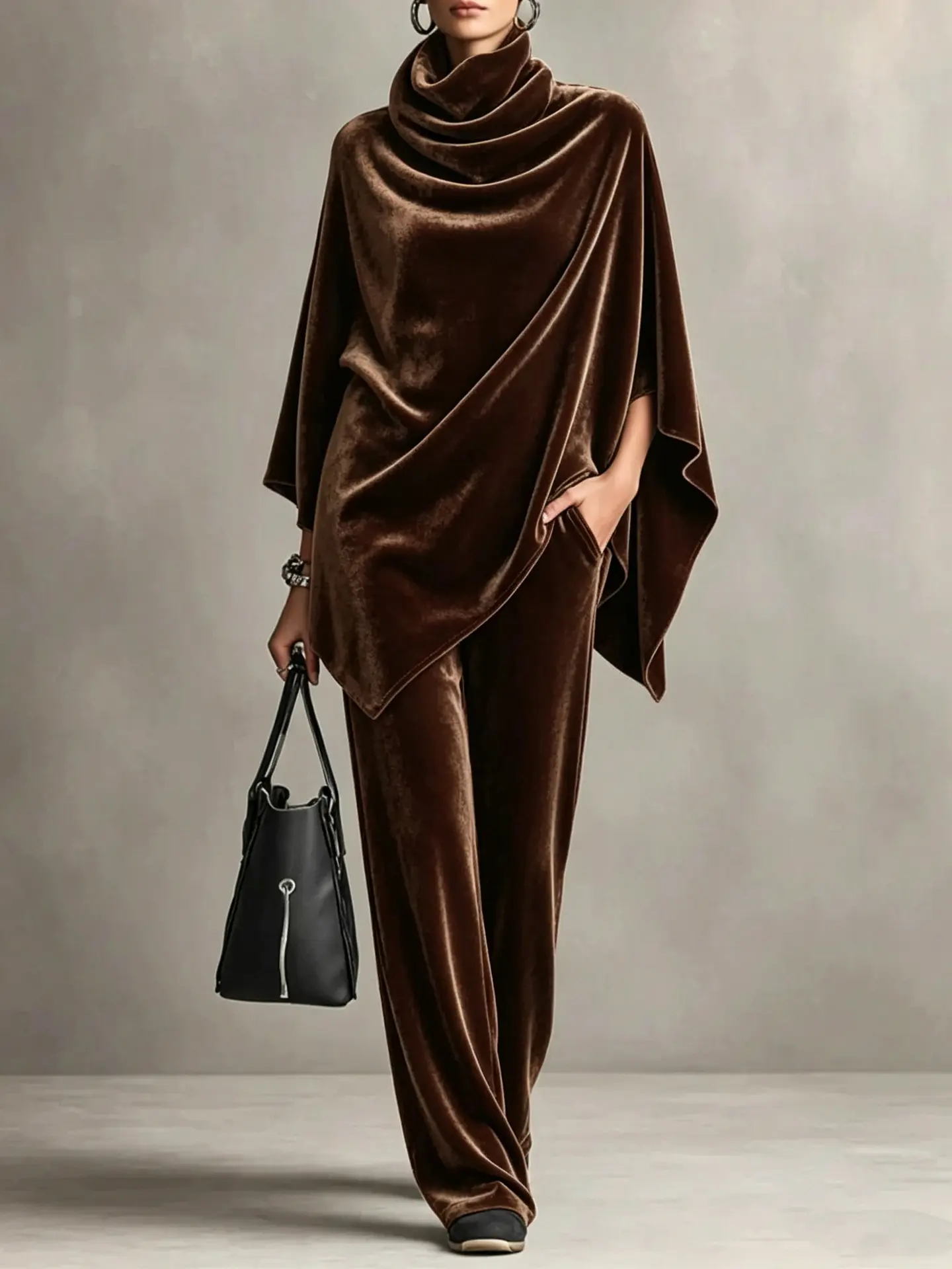 2026 Women's New Autumn/Winter Korean Velvet Pile Collar Cape Cloak Top Wide Leg Pants Two Piece Set