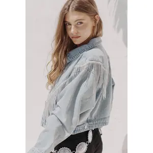Denim Rhinestone Fringe Jacket - Light Blue Cropped Medium Length Casual All Seasons with Chevron Rhinestone Fringe