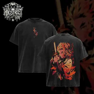 [HIKISTREET] Vintage Flame Hashira - Rengoku Acid Washed T-Shirt, Demon Slayer Merch, Grunge Anime Washed Oversized Tee, Aesthetic Anime Streetwear Gift
