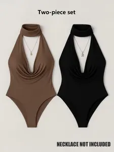 Women's Summer Fashion Halter Backless Bodycon Jumpsuit Set, Elegant Slim Fit One-Piece, 2 Piece Set for Spring & Summer