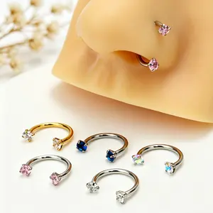 Gungling 16G (1.2mm) G23 Titanium 10mm Horseshoe Nose Ring with Double Cubic Zirconia Stones, C-Shaped Hoop, Internal Threaded Nose Ring with Free Ball Back