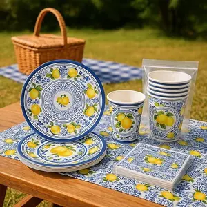 Elegant Disposable Tableware Set | 81 Pcs | Serves 20 Guests l 20 Extra Thick Paper Party Plates + 20 Cups + 20 Napkins + 1 Large Tablecloth | Perfect for Events, Baby Showers, Weddings & Picnics