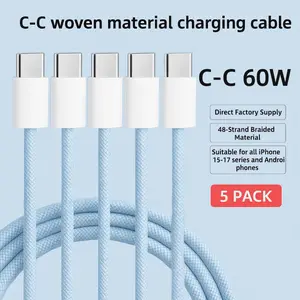 【Five packs】60W 1-meter C-type to C-type summer fast charging cable, 1 USB C-type to USB C-type charging cable, suitable for all series of iPhone 15-17/Android phones, mobile phone charging cables, and technical tools