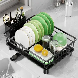 Dish Drying Rack for Kitchen Counter, Stainless Steel Drainer anti Rust, Smart Drainage System Drainboard with Detachable Cutlery Holder, Handwash Dish Helper for Home, Apartment Space Saving CosyPic