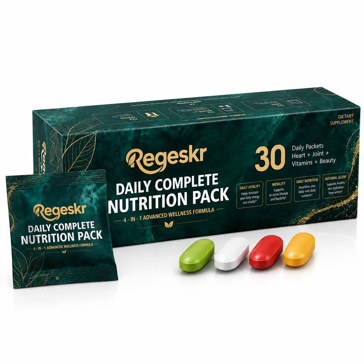 Regeskr Daily Complete Nutrition Pack, 30 Daily Packets, 4-in-1 Wellness Formula with Multivitamins, Joint Support, Heart Support & Beauty Nutrients, Daily Dietary Supplement for Men & Women