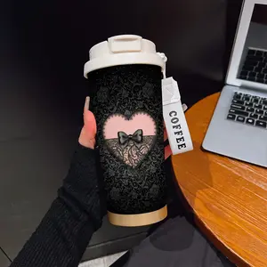 Coffee Tea Iced Drinks Mug~ Vacuum Insulated Travel Tumbler with Lid w/ Lanyard | Lace heart bow pattern Pattern | Double-Wall Leak-Proof  | Hot & Cold Reusable Portable 530ml/17.7oz | Drinkware Gift for Office Sports Outdoor Holiday