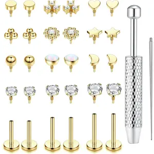 16G 18G Flat Back Stud Earrings for Women - Hypoallergenic Surgical Steel Internal Thread Stud Piercing Jewelry for Tragus Helix Cartilage Conch Nose 14K Gold Plated Lip Labret Medusa Piercing Silver