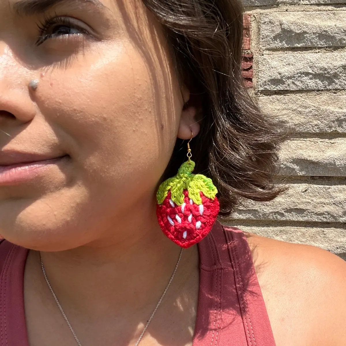 Handmade crocheted large strawberry earrings Retro