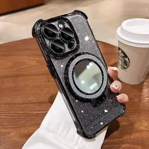 Luxury Rhinestone Bling Smartphone Case with Magnetic Mirror Stand, Tempered Glass Screen Protector, Glitter Cover, Heavy-Duty Shockproof & Anti-Scratch Protection for iPhone 12-17 Pro Max - Handheld Gadget Cellphone Accessories