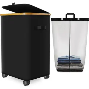 20 Gal (75L) Foldable Rolling Laundry Hamper with Wheels Lid Bamboo Frame Dirty Clothes Basket for Bedroom Dorm Laundry Room Black