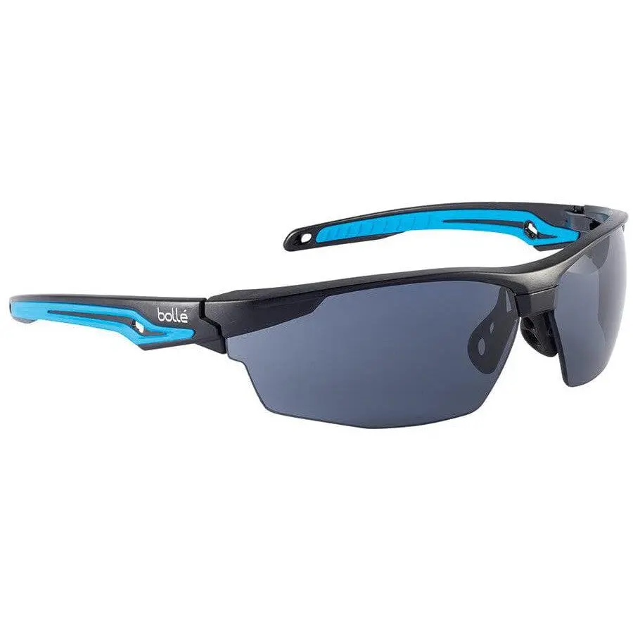 Bolle Tryon Z87 Safety Glasses - Black/Blue Frame (135 mm Width), Platinum Coat Smoke Anti-Fog Lenses, Z87+ Rated, 99.9% UVA/B Protection, Safety Gear for Active Lifestyles, Smoke Lens