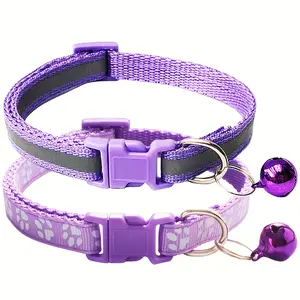 2pcs Set Striped Reflective Pet Collars with Bell, Adjustable Buckle Polyester Fiber Collars, with Paw Print Design for Small Dogs and Cats