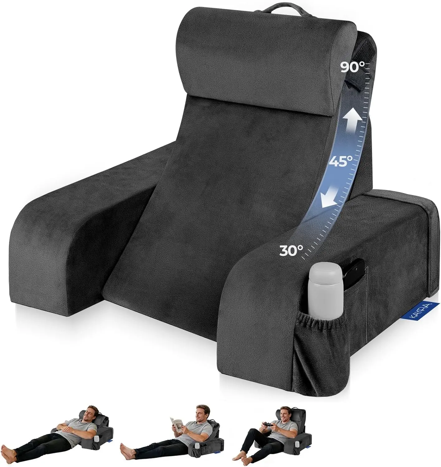 Reading Pillow with 30-90° Stepless Adjustable Angle & Height, 2 in 1 Back Wedge Pillow for Bed Sitting up with Arms Rest, Backrest Pillow for Reading/Gaming/Working in Bed or Couch, Large, Black