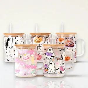 Spooky Season 17oz Glass Mug with Lid & Plastic Straw, Halloween Coffee Cup Reusable Drinkware