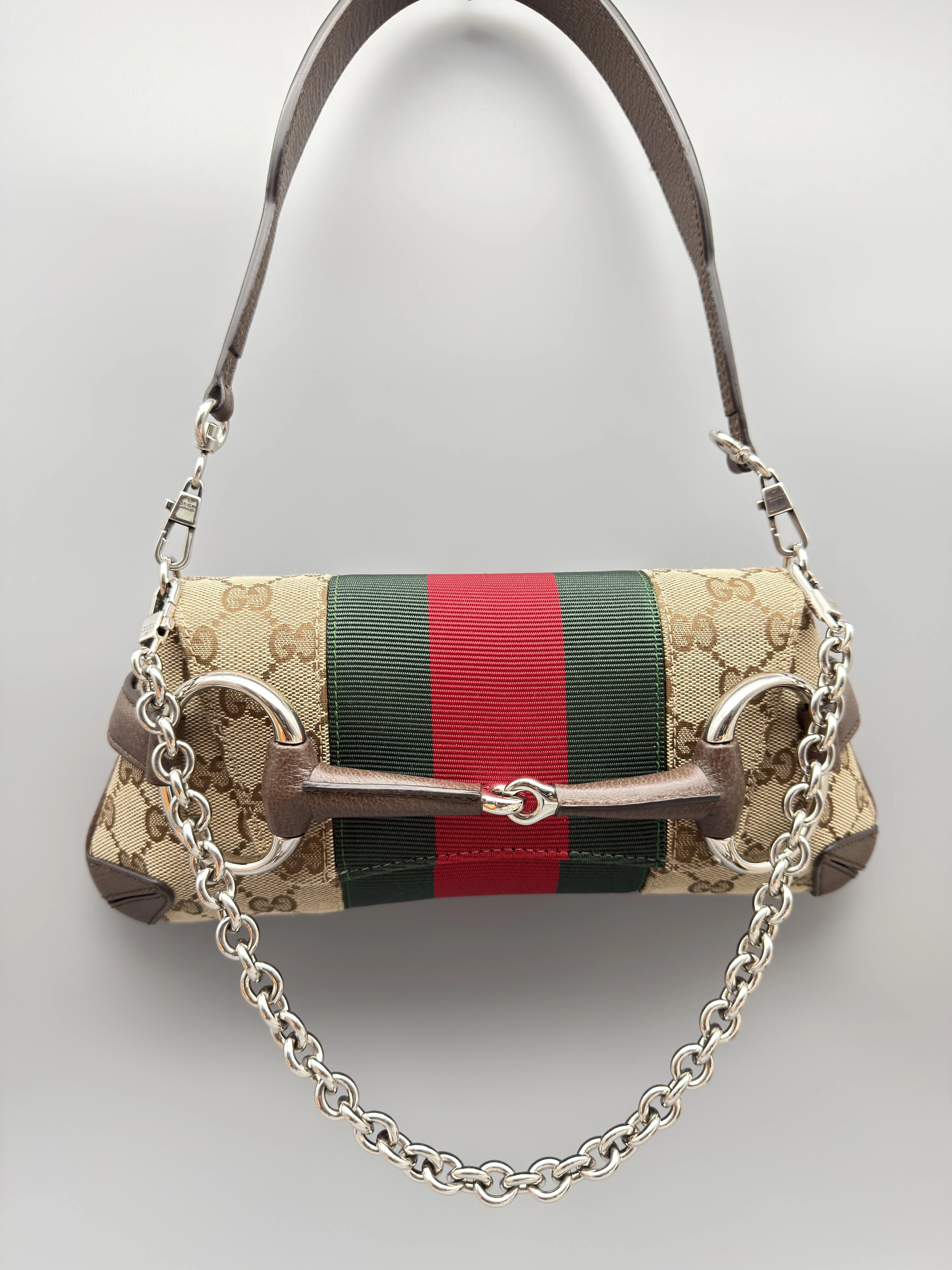 Pre-owned GUCCI Canvas & Leather Shoulder Bags Horsebit Chain Shoulder Bag – GG Canvas Web Stripe