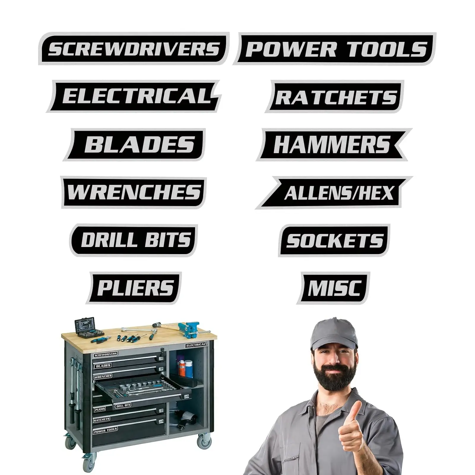 12 Pack of Strong Magnetic Toolbox Labels, 3D-Printed Tool Box Labels, General Tool Box Organize Accessories, Reusable Tags for Steel Toolboxes, Carts, Drawers, and Cabinets, Tool Chest Organization, Magnetic Item(Black), Tool Organizer Accessories