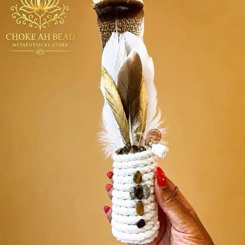 Choke Ah Bead Smudging Wand for Cleansing or Alter - White with Feathers and Beads - Metaphysical Store