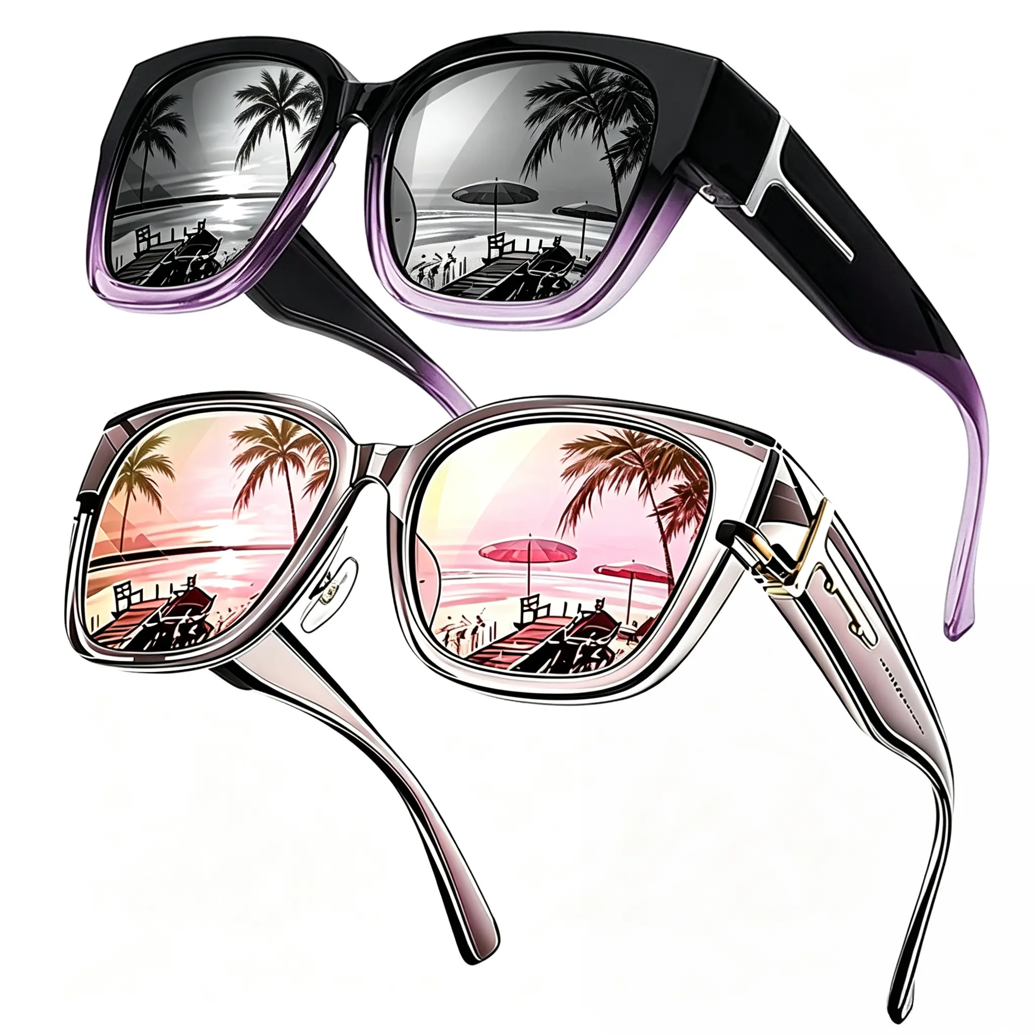 Women's Fit-Over Prescription Sunglasses - Oversized Square Full-Rim Plastic Frames Mirrored Polarized , UV400 Protection, Trendy Sunglasses, Unisex Fashion Accessory for Summer Wins, Accessories for Women The Choice of Gifts 1/2Pcs