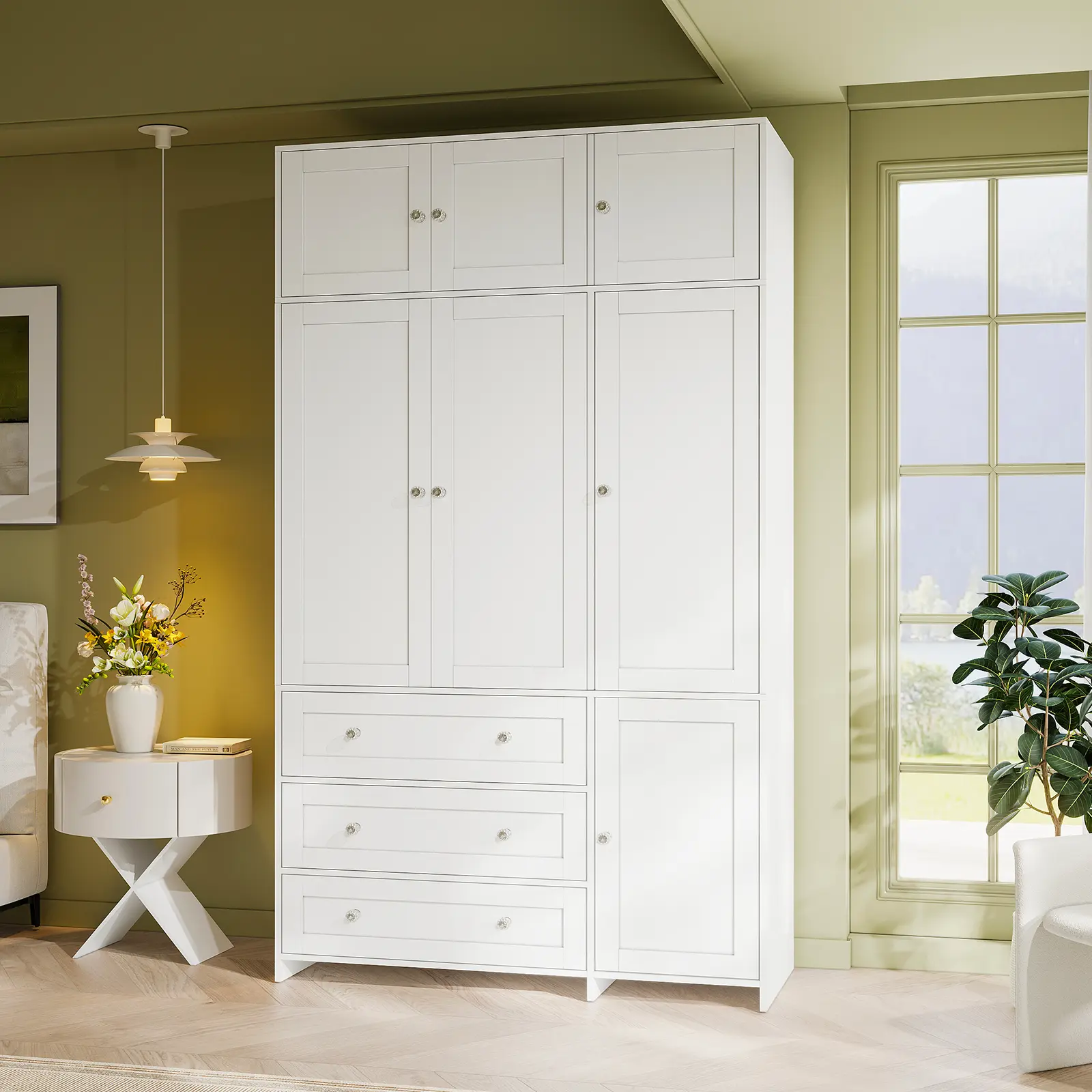 VOWNER 86.6" Tall Armoire Wardrobe Closet with Drawersand Mirror, 7 Doors Clothing Storage Cabinet with HangingRod, Wardrobe Cabinet for Bedroom, with Extra Top LargeCapacity Storage