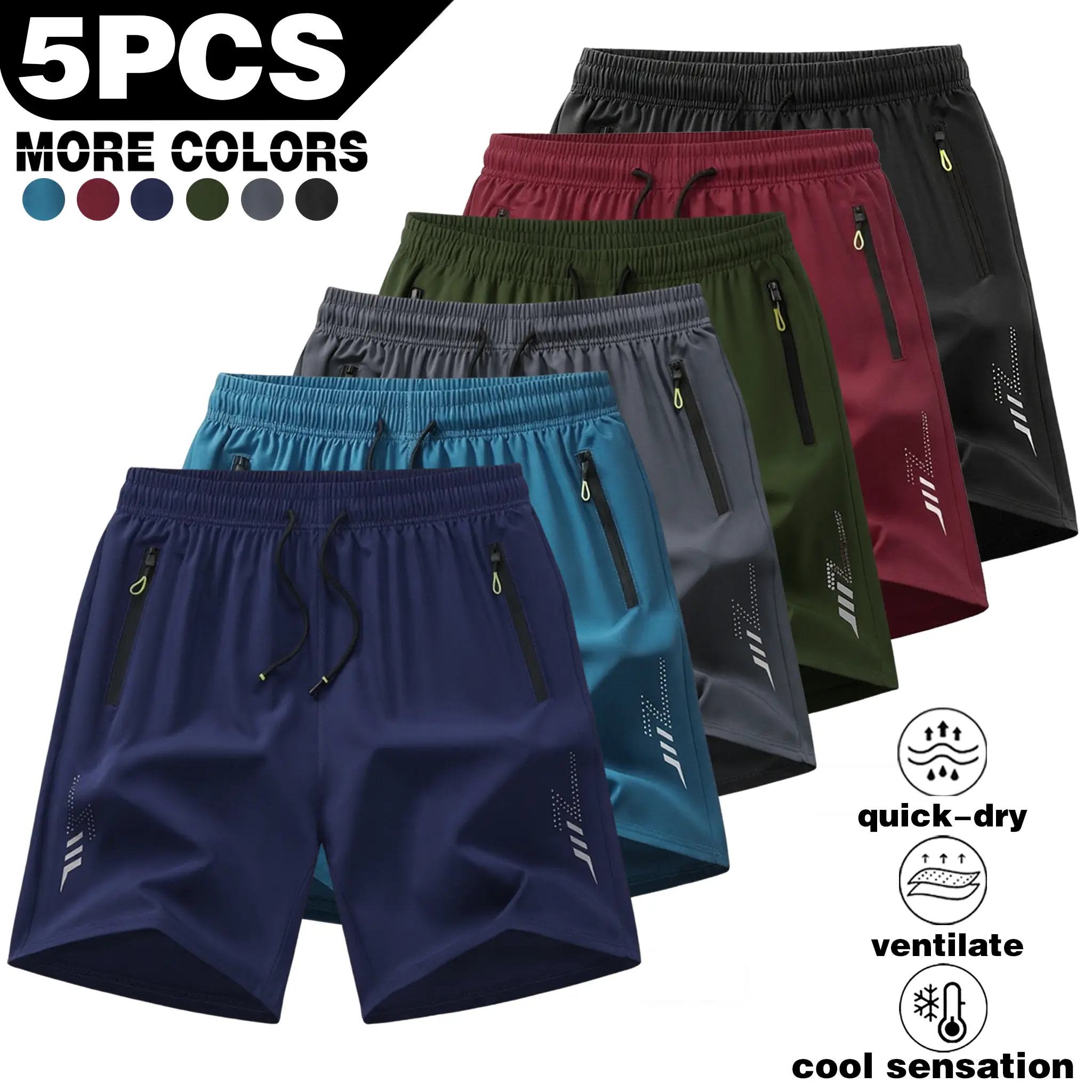 5-pack men's lightweight, quick-dry casual sports shorts with zippered pockets, breathable and cool, fashionable and versatile, making them an excellent choice for casual sports and five-inch shorts