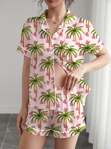 Women's Sleepwear Set Pjs, Pajama Set, Coconut Tree Print Tropical, Short Sleeve Button-Up Top & Elastic Shorts, Casual Fashion Daily Wear Homewear Loungewear, Holiday Party, Sleepwear Homewear Clothes