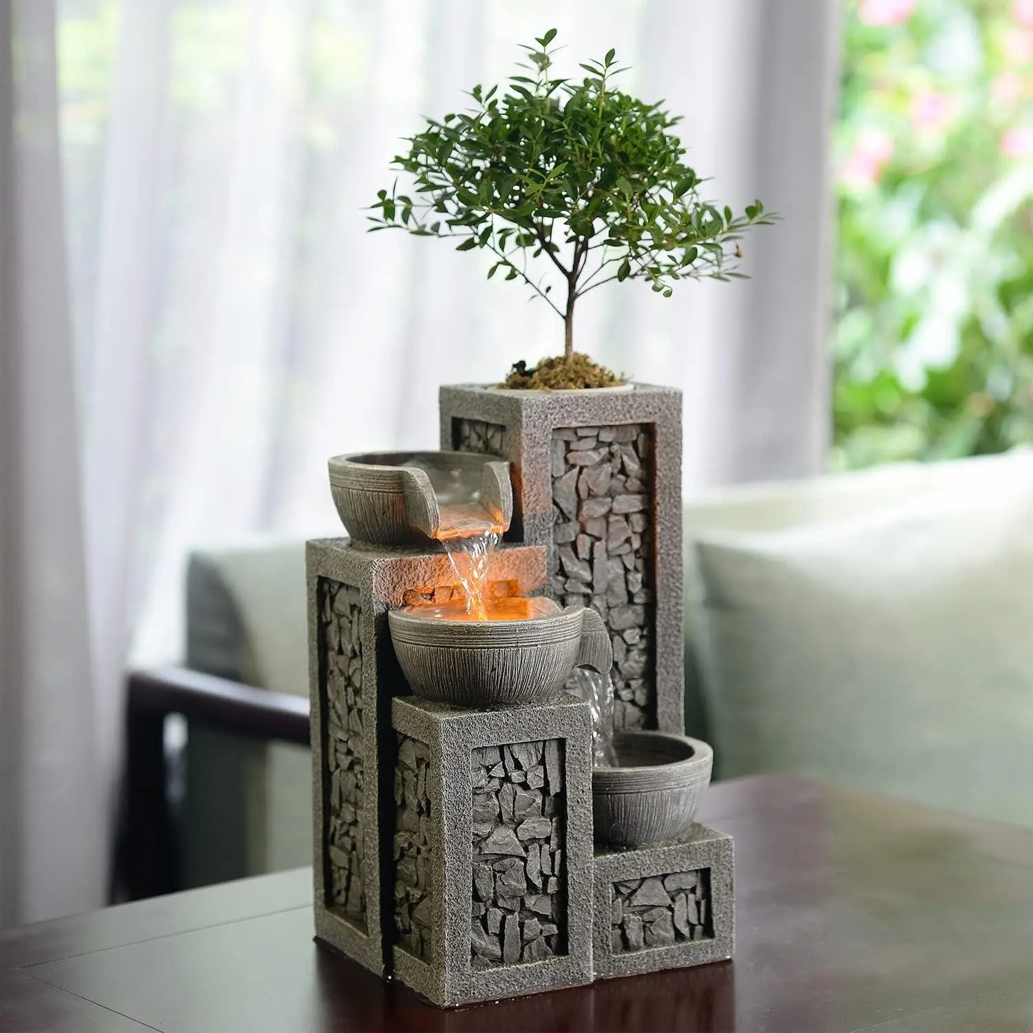 Kalona Indoor Tabletop Water Fountain – 3-Tier Resin Waterfall with LED Lights, Mini Bonsai Planter & Cascading Water Flow – Soothing Desk Fountain for Home, Office, Meditation Decor​(22024) EvissoEur