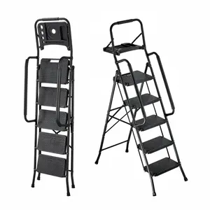 5 Step Ladder, Folding Step Stool with Wide Anti-Slip Pedal, Tool Tray, Dual Side Handrails, 600 lbs Capacity Portable Steel Ladder, Multi-Use for Kitchen, Home, Household and Office, Black