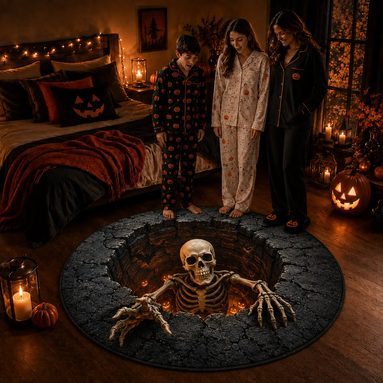3D Skeleton Pumpkin Halloween Round Rug, Purple Mist Stone Pit Optical Illusion Area Rug, Jack O Lantern Spooky Floor Decor for Living Room Bedroom