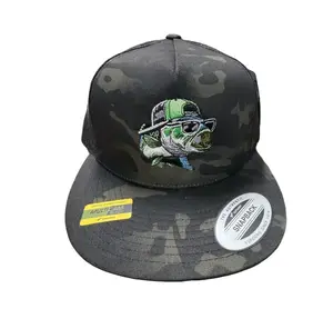 TWF Cool Ass Bass YP 6006 Black Camo Snapback Hat - Black Camouflage Design with Unique Fish Graphic