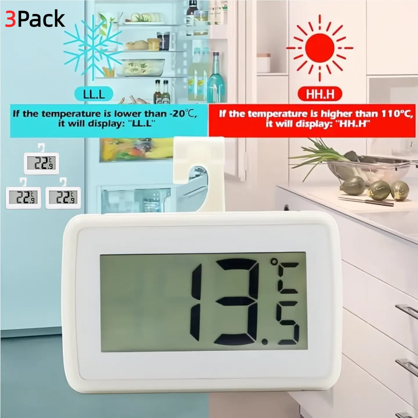 3-Pack White Digital Refrigerator Thermometer - Waterproof Fridge Freezer Temperature Gauge with Large LCD Display, High Precision Alarm, Hook, Magnetic Design, ℃/℉ Switch for Kitchen Home