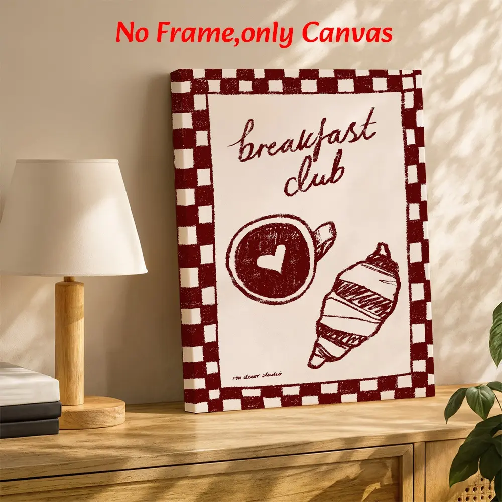 Cartoon Wall Art, "Breakfast Club" Coffee & Croissant Poster, Playful Checkered Sketch Illustration Printing, Red And White Canvas Decoration, Kitchen & Dining Room Aesthetic, Perfect Housewarming Gift, Unframed