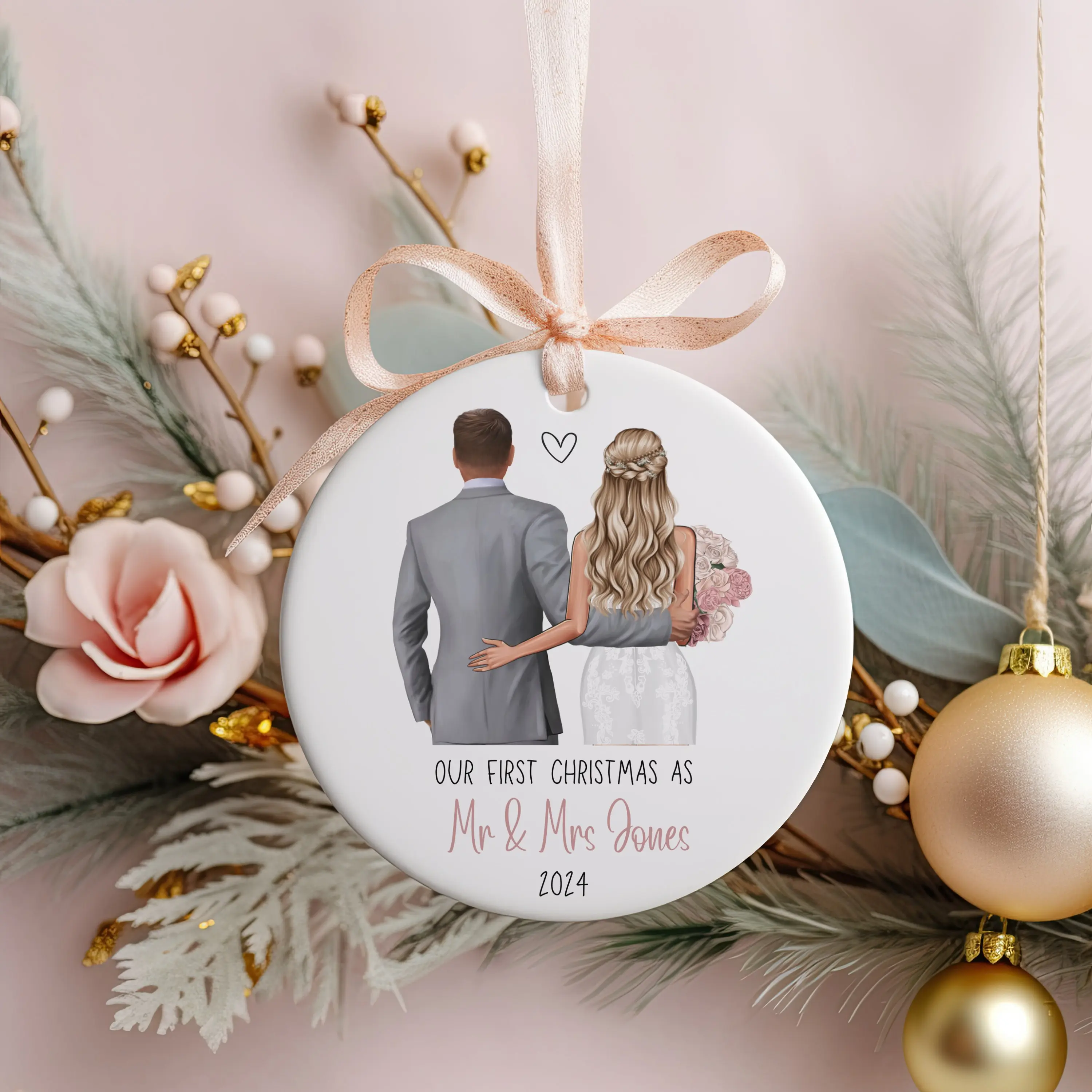 Personalised First Christmas as Mr and Mrs, First Christmas Married Decoration, Bride and Groom Print, Gift, Christmas Tree Bauble