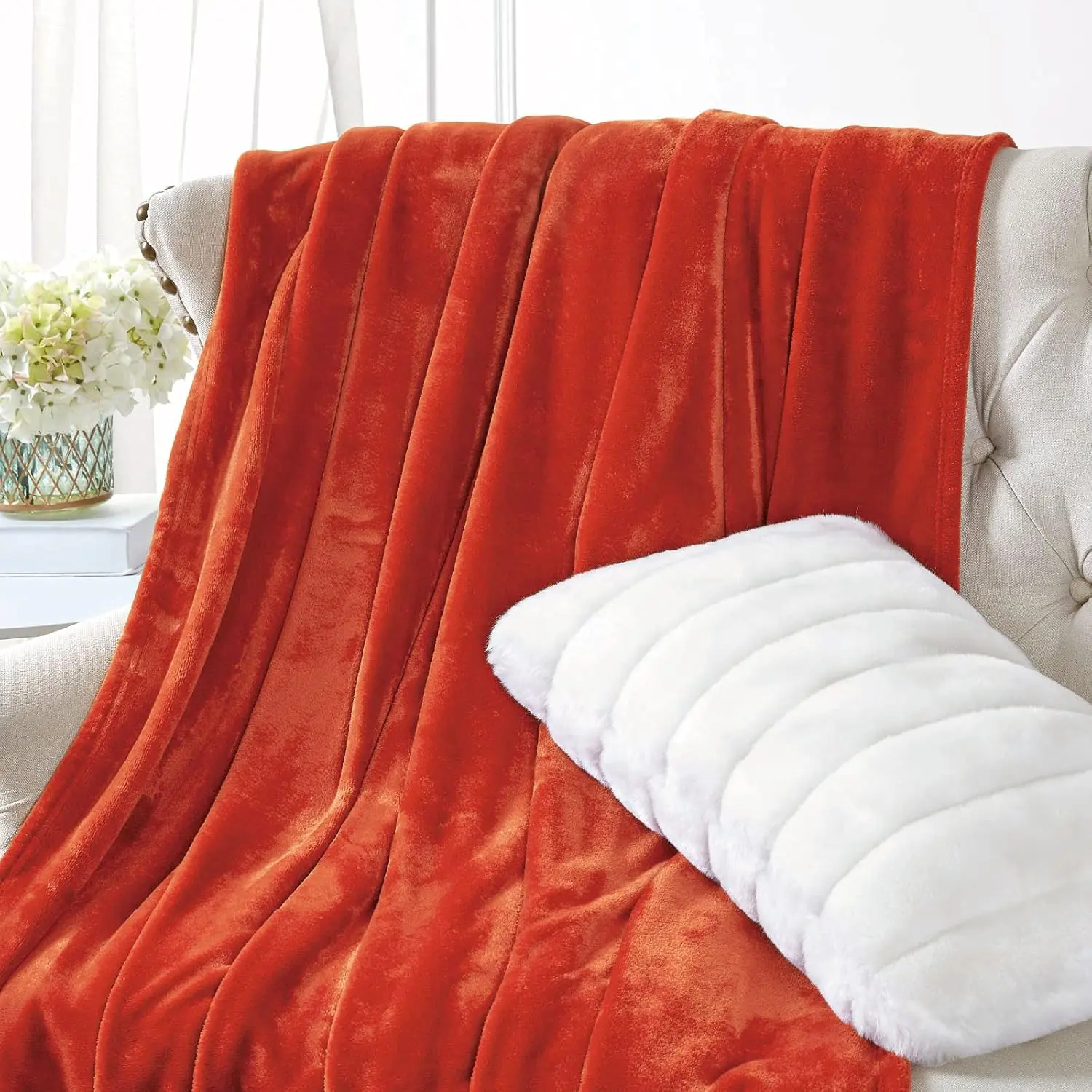 Plush Fuzzy Lightweight Super Microfiber Flannel Blanket for Adults - Solid Reversible, 66x90in & 108x90in, Orange Modern, Low-Heat Tumble Dry, Indoor/Outdoor, Multi-Season Couch Use, Father's Day Gift Option, Cal King