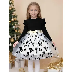 Girls' Elegant Smock Dress with Puff Sleeves & Waist Bow - Short Waist Button-Front Closure A-Line Knee-Length Dress, Fitted Smock Top & Net for Spring/Fall Weddings, Parties, - Machine Washable (Black/White)