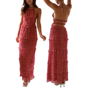 Women Summer Outfit Shirred Tie-up Halter Neck Sleeveless Open Black Tank Tops Drawstring Long Skirt 2 Pcs Set Outdoorfun Clothes Polyester