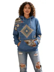 Women's Aztec Print Pattern Western Ethnic Drawstring Long Sleeve Pullover Hoodie Sweatshirt