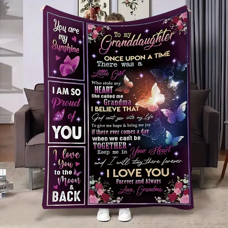 Flannel Slogan Print Butterfly Throw Blanket, Soft Plush Multi-Size Blanket for Bedroom Sofa, Grandma-to-Granddaughter Gift for Birthday Christmas, Slogan Print Blanket