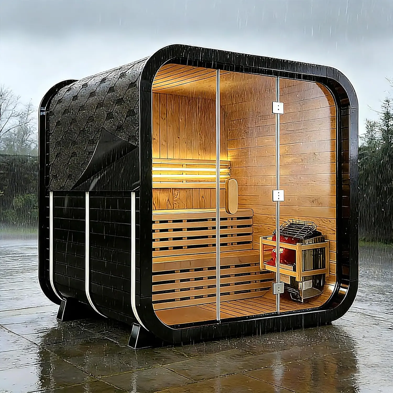 4-6 Person Outdoor Cube Sauna, 220V/6KW Electric Stove Barrel Sauna for Home, Canadian Red Cedar Sauna, Triple Waterproof System, Front Large Glass Windows, Double Reinforcement(0-195 °F)