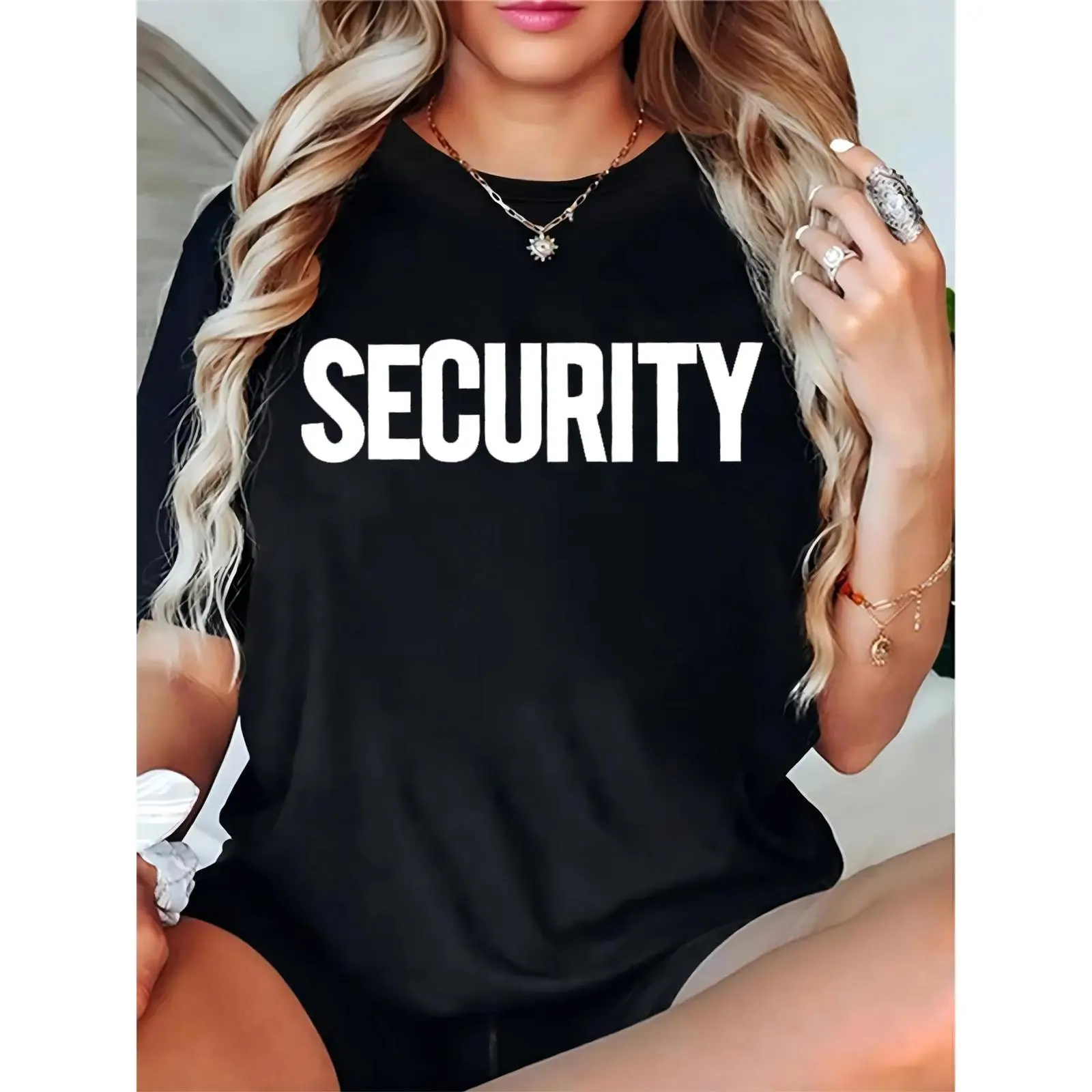 Ladies' Feminine Comfortable Short-Sleeve Black T-Shirt with Bold White 'SECURITY' Print - Essential for Halloween Costumes, Security-Themed Parties, Casual Wear, Skirts, Day, Simple, Round Neck, Basic, Fit