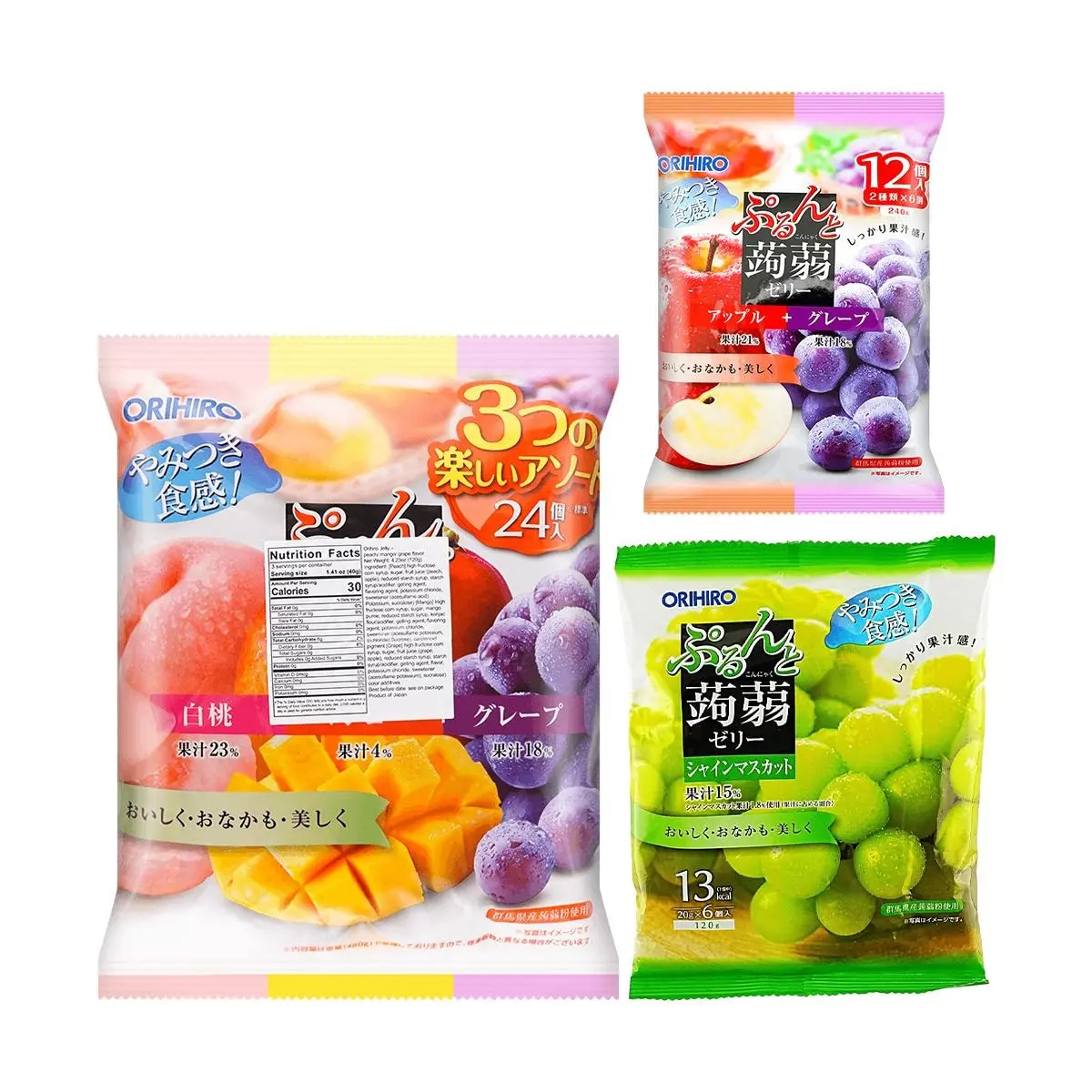 3 Pack ORIHIRO Konjac Jelly Assorted 5 Flavors Peach Mango Grape Apple Muscat - Japanese Fruit Jelly Snack, 0 Fat Low Calorie, 29.63 oz Each