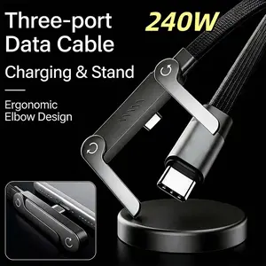 240W Super Fast Charging Cable with Stand 2-in-1 Type-C Charger for Gaming Office Car Travel Black