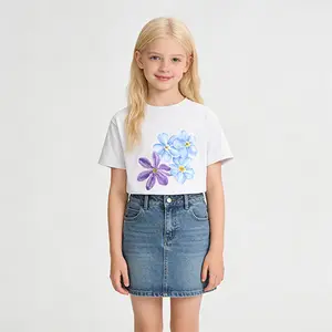 Iris Flower Print Kids Short Sleeve T-Shirt for Girls, Soft Breathable Cotton Casual Tee, Comfortable Lightweight Skin-Friendly Top for Daily and Outdoor Activities