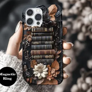 Dark Romance Bookcase Phone Case, Vintage Books with Floral Design, Gothic Dark Academia Phone Cover. Case for IP 11 12 13 14 15 16 Pro, Plus, Promax, S21,22,23,24,25 Ultra, Tough Case, Magsafe Case