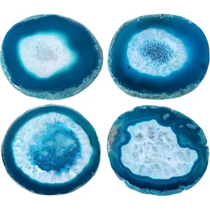 Geode Coaster for Drinks, Set of 4 Clouded  Coasters for Coffee Table Decor, 3.5-4" Crystalline Stone Costers  Slices Glass Cups Holder for  Office Housewarming  (Blue)