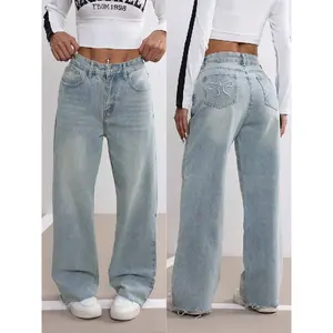 Ciel Fashion Bow Embroidered Jeans Women's Fall Design Sense Wash Blue Casual Straight Leg Loose Rough Edge Trousers