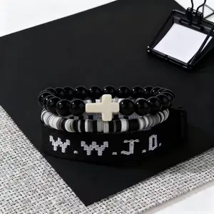 3PCS WWJD Bracelet Set WWJD Braided Rope Bracelet Cross Crystal Beads Stretch Bracelets Religious Christian What Would Jesus Do Handmade Woven Wristbands Bracelet
