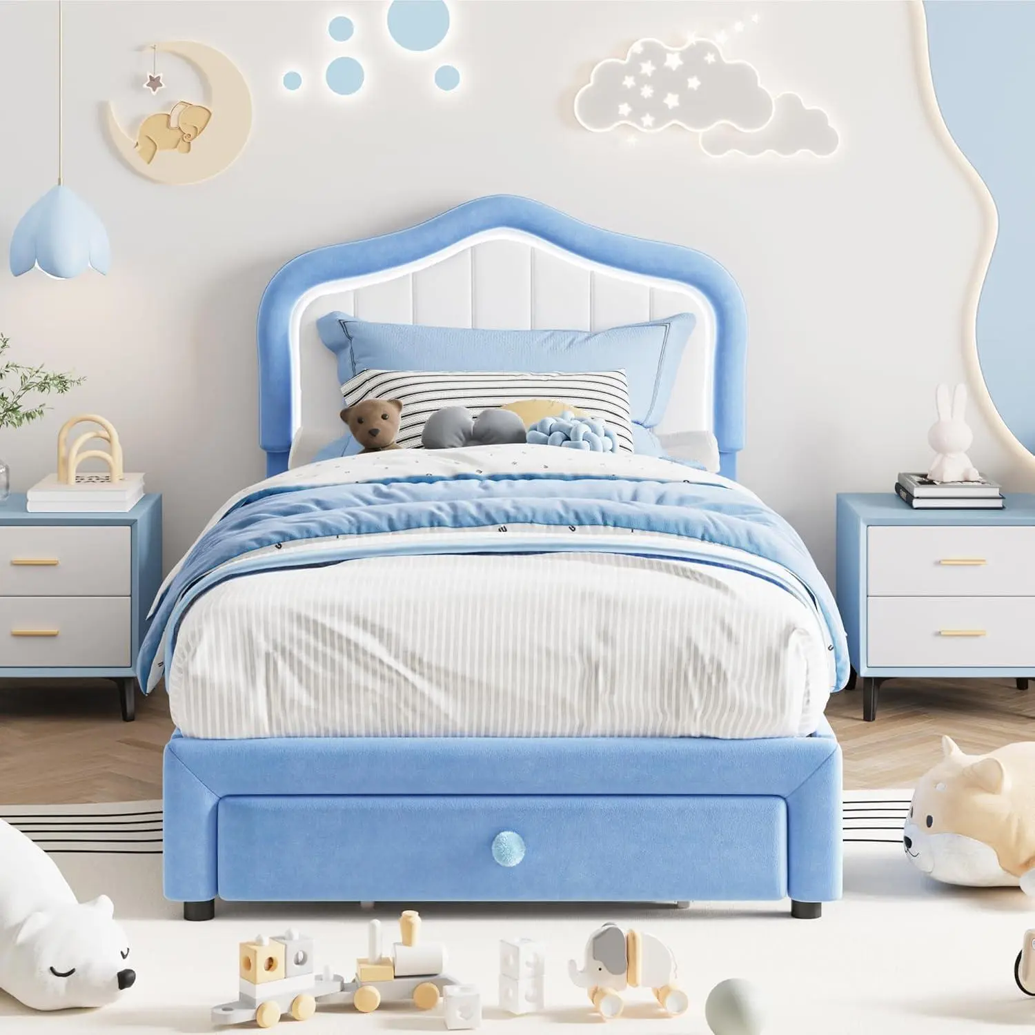 Gaomon Blue Twin-XL Upholstered Bed Frame - Smart LED Headboard with RGB Music Lights, Drawer for Storing Toys, Wooden Slats Support, No Box Spring Needed, Easy Assembly, Cute Look, Sturdy Frame for Girls with Timing Feature